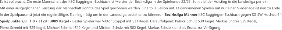 Es ist vollbracht. Die erste Mannschaft des KSC Buggingen-Eschbach ist Meister der Bezirksliga in der Spielrunde 22/23. Somit ist der Aufstieg in die Landesliga perfekt. Mit einer ausgeglichenen Leistung der Mannschaft konnte das Spiel gewonnen werden. Eine tolle Saison mit 13 gewonnenen Spielen mit nur einer Niederlage ist nun zu Ende.  In der Spielpause ist jetzt ein regelmäßiges Training nötig um in der Landesliga bestehen zu können. - Bezirksliga Männer KSC Buggingen-Eschbach gegen SG SW Hochdorf 1 Spielpunkte 7,0 : 1,0 / 3129 : 3089 Kegel - Bester Spieler war Viktor Stoppel mit 531 Kegel. Darauffolgend: Patrick Schulz 530 Kegel, Markus Endres 529 Kegel,  Pierre Schmid mit 525 Kegel, Michael Schmidt 512 Kegel und Michael Schulz mit 502 Kegel. Markus Schulz stand als Ersatz zur Verfügung.