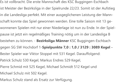 Es ist vollbracht. Die erste Mannschaft des KSC Buggingen-Eschbach  ist Meister der Bezirksliga in der Spielrunde 22/23. Somit ist der Aufstieg  in die Landesliga perfekt. Mit einer ausgeglichenen Leistung der Mann- schaft konnte das Spiel gewonnen werden. Eine tolle Saison mit 13 ge- wonnenen Spielen mit nur einer Niederlage ist nun zu Ende. In der Spiel- pause ist jetzt ein regelmäßiges Training nötig um in der Landesliga B bestehen zu können. - Bezirksliga Männer KSC Buggingen-Eschbach  gegen SG SW Hochdorf 1-Spielpunkte 7,0 : 1,0 / 3129 : 3089 Kegel -  Bester Spieler war Viktor Stoppel mit 531 Kegel. Darauffolgend:  Patrick Schulz 530 Kegel, Markus Endres 529 Kegel,  Pierre Schmid mit 525 Kegel, Michael Schmidt 512 Kegel und  Michael Schulz mit 502 Kegel.  Markus Schulz stand als Ersatz zur Verfügung.